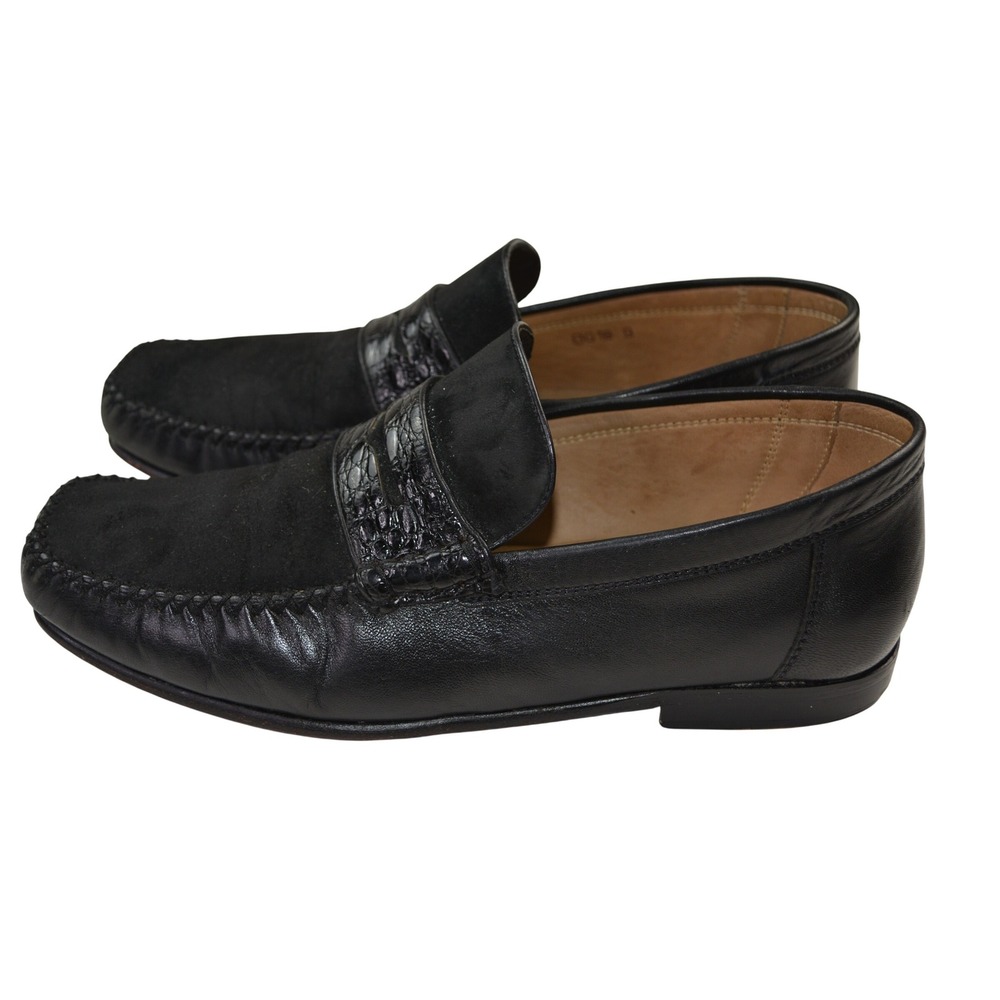 David Eden Mens Black Leather Croc Accent Loafer Shoes Size 9 Hand Made - Picture 2 of 9